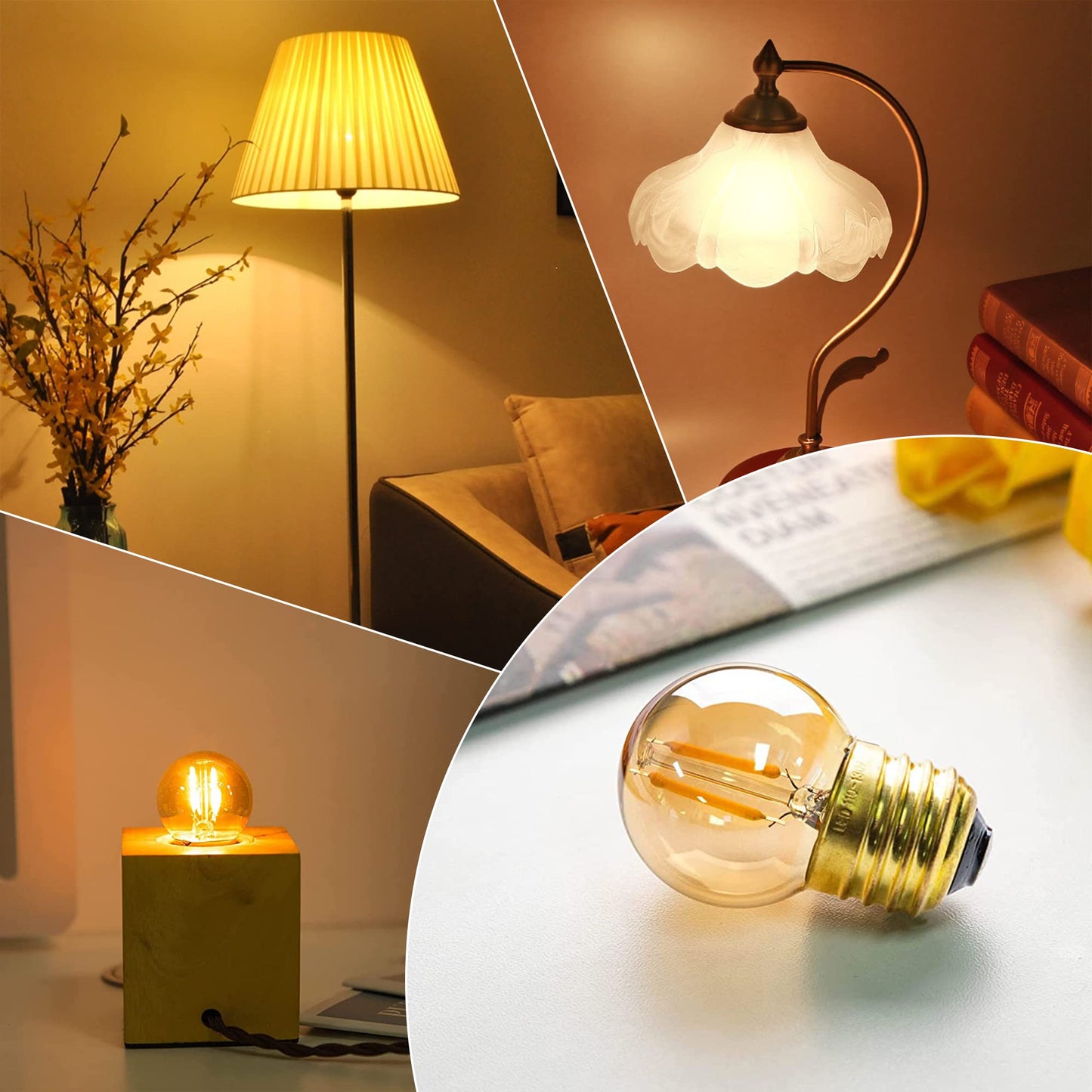 Grensk G40 Edison Led Filament Mini Globe Bulbs, 1W (10W Equivalent), Ultra Warm White 2200K, Amber Glass, 6 Count