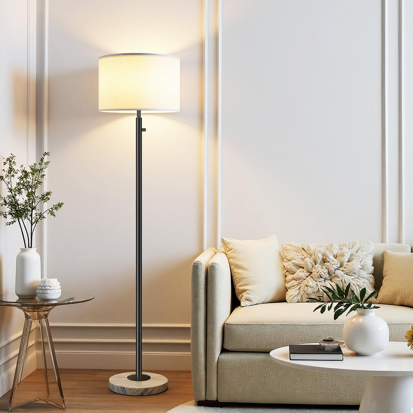 Aulaiyi Modern Floor Lamp, Tall Standing Lamp with Marble Base, LED Bulb Included, WK012-Black, Natural Linen