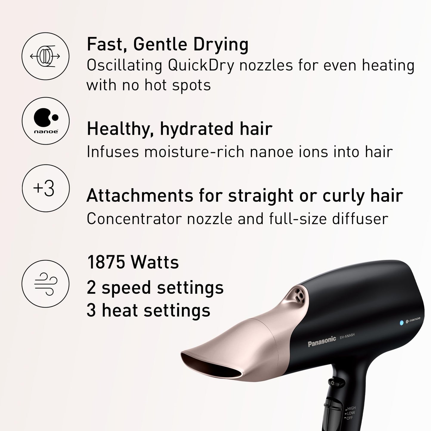 Panasonic Nanoe Salon Hair Dryer with Quick-Dry Oscillating Nozzle, Diffuser Attachment for Curly, Wavy Hair, 3-Speed Heat Setti