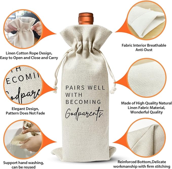 Godparents Poposal Gift, Wine Bag for Wine Bottle Gift, Becoming A Godparents, Baptism Decor, Pregnancy Announcement or Baby Announcement Gift for New Godparents, Baby Shower or Party Favor