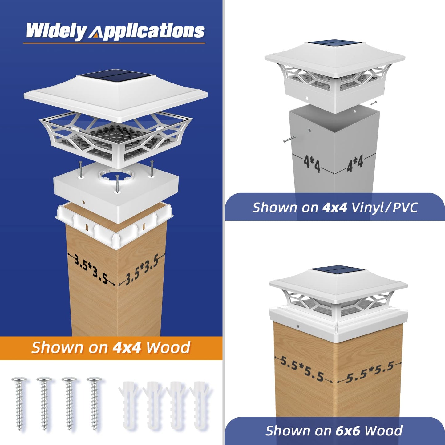 Aponuo 4X4 Post Solar Lights, 6 Pack, Waterproof, Auto On/Off, White, Model Tz13-W6