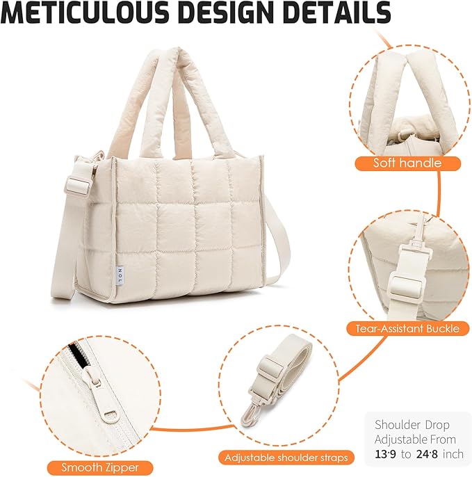 NOL Natural Organic Lifestyle Women's Nylon Lunch Cooler Quilted Tote Bag Puffy Insulated Lunch Bag for Women, Lightweight Waterproof Lunch Box for Work, Picnic, Outdoors, Cream