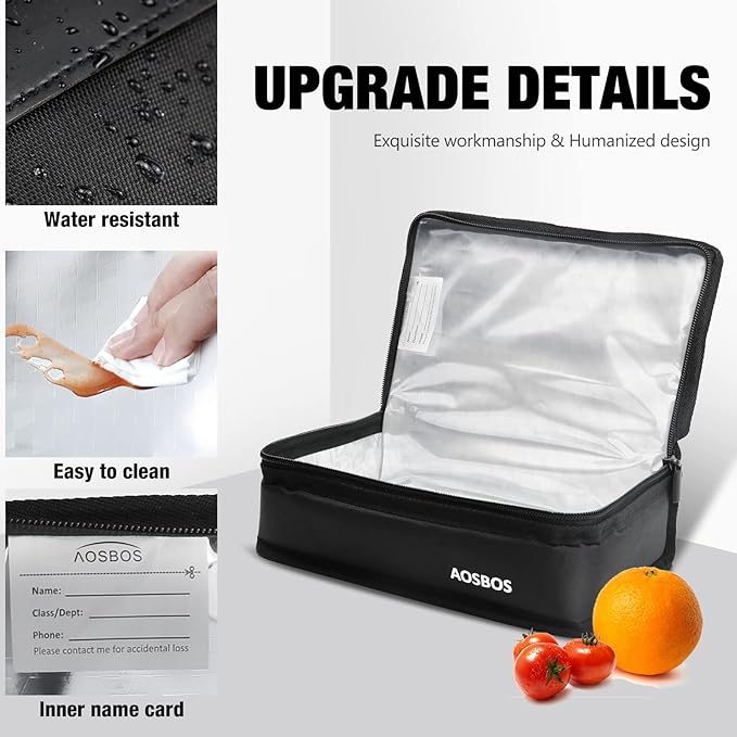 Aosbos Insulated Lunch Bag Small Lunch Box for Men Women Compact Lunch Bags Mini Food Storage Bag Flat Cooler Bag Thin Lunchbox Black Reusable Sandwich Bags Portable Snack Bag Tiny Thermal Bag