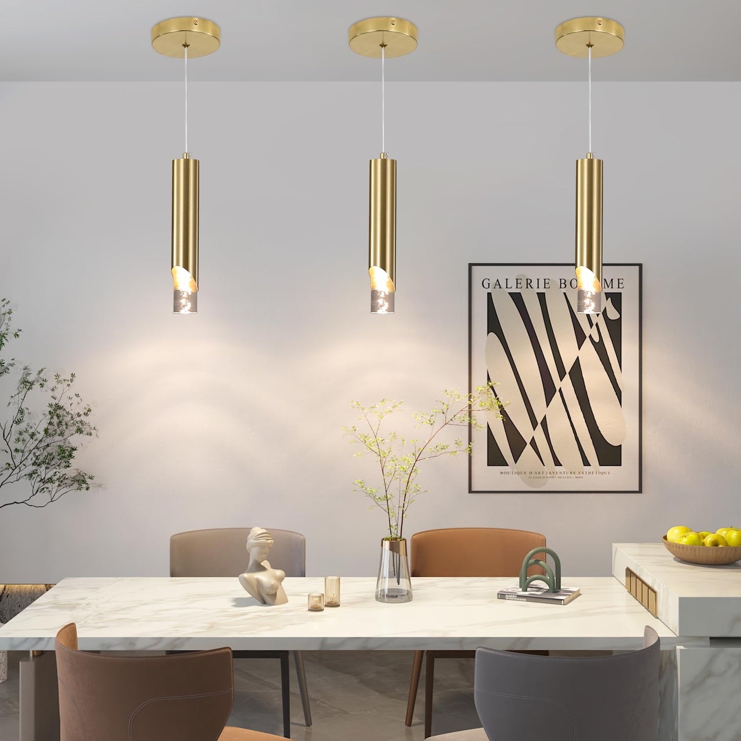 3 Pack Modern Gold Pendant Light Fixture  Acrylic Bubble Cylinder Hanging Lights  3 Color Temperatures  Minimalist Ceiling Chandelier Lighting For Dining Room  Bedroom  Hallway  Bar  Kitchen Island
