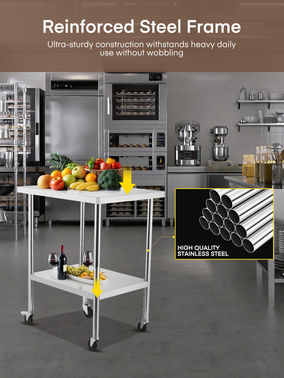 Stainless Steel Table for Prep & Work, with Caster Wheels, Two with Brakes, Metal Table for Commercial Restaurant, Warehouse and Hotel (24 x 30 Inches)