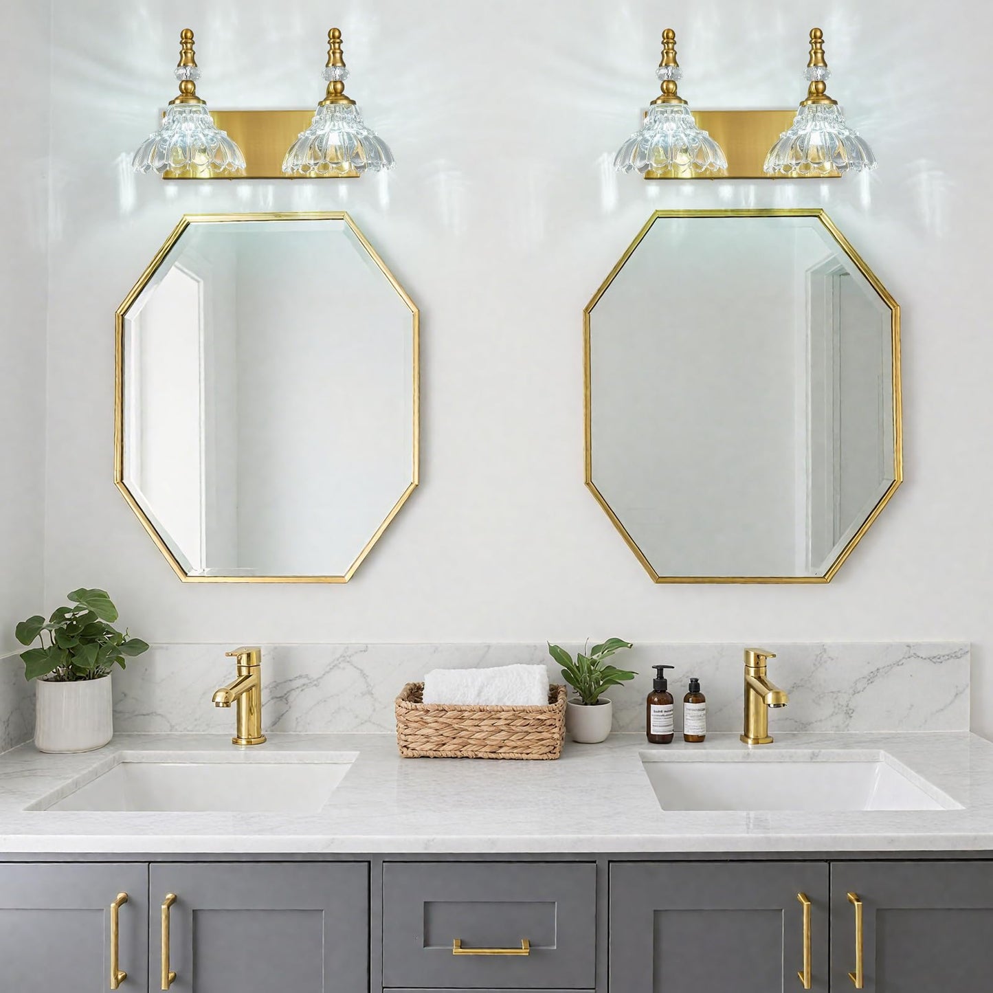 Lbsqj Vintage Bathroom Vanity Light  2-Light Gold Vanity Lighting Fixture With Flower Glass Shade  Bathroom Lighting Fixtures Over Mirror
