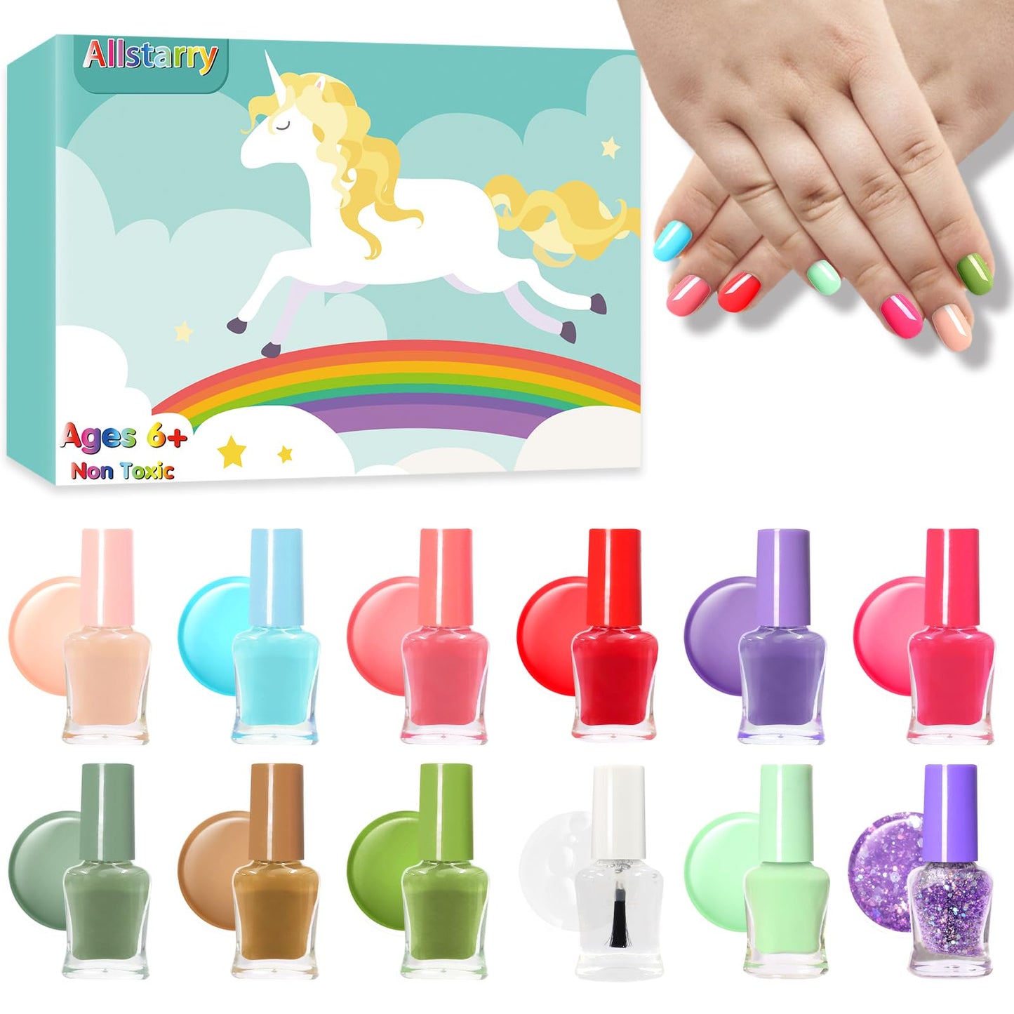 Allstarry Kids Nail Polish 12 Colors Non Toxic Quick Dry Peel-Off Toddler Nail Polish Kit Natural Safe Nail Polish Paint Set Bir