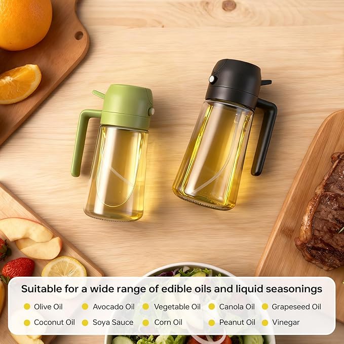 2Pack Glass Oil Sprayer for Cooking 16oz/470ml, Kitchen Gadget for Air Fryer, Salad, BBQ, Frying（Black+Green）
