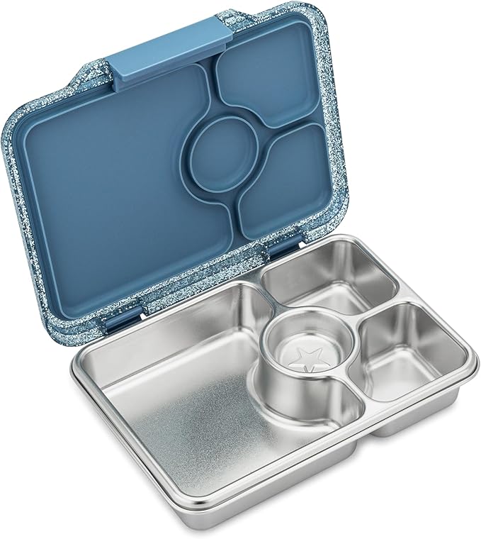 Yumbox Prêt Stainless Steel Leakproof Bento Lunch Box – 3-Compartment, Sandwich-Friendly Tray for Kids & Adults, Reusable, BPA-Free, Easy Open Latch (Paris Blue Glitter)