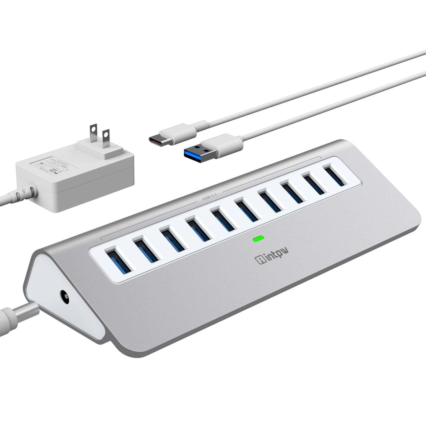 Powered Usb Hub, Intpw 10 Port Usb 3.1 Hub With 10Gbps Data Transfer, 36W(12V/3A) Power Adapter, Usb Type A And Type C Cable, Al