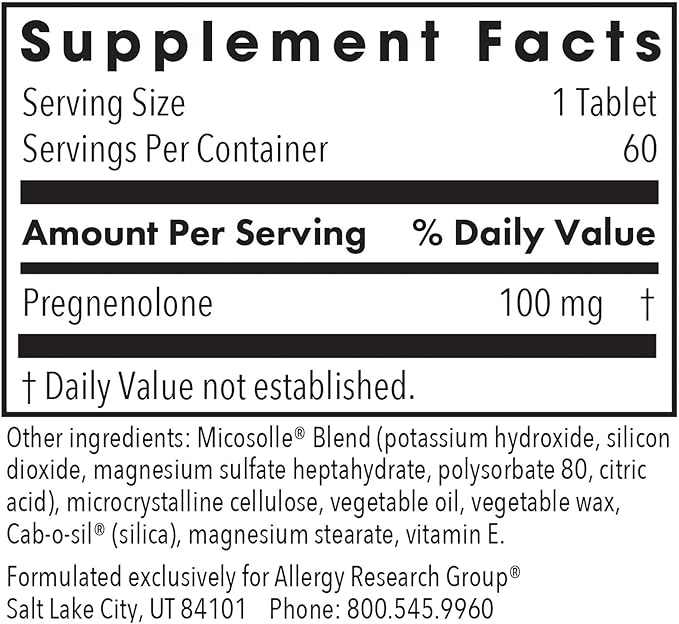 Allergy Research Group Pregnenolone Supplement - Progesterone Supplements, Hormone & Stress Support, Made from Non-GMO Wild Yam, Micronized Lipid Matrix, Plant-Sourced, 100mg Scored Tablets - 60 Count