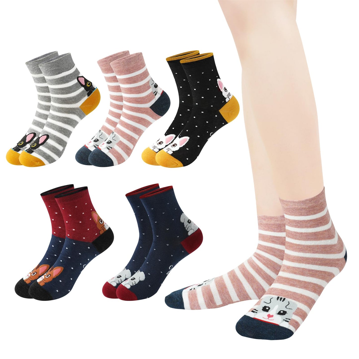 YOYOU Cat Socks for Women, Funny Cute Animal Crew Sock, Patterned Novelty Quarter Socks 5 Pair