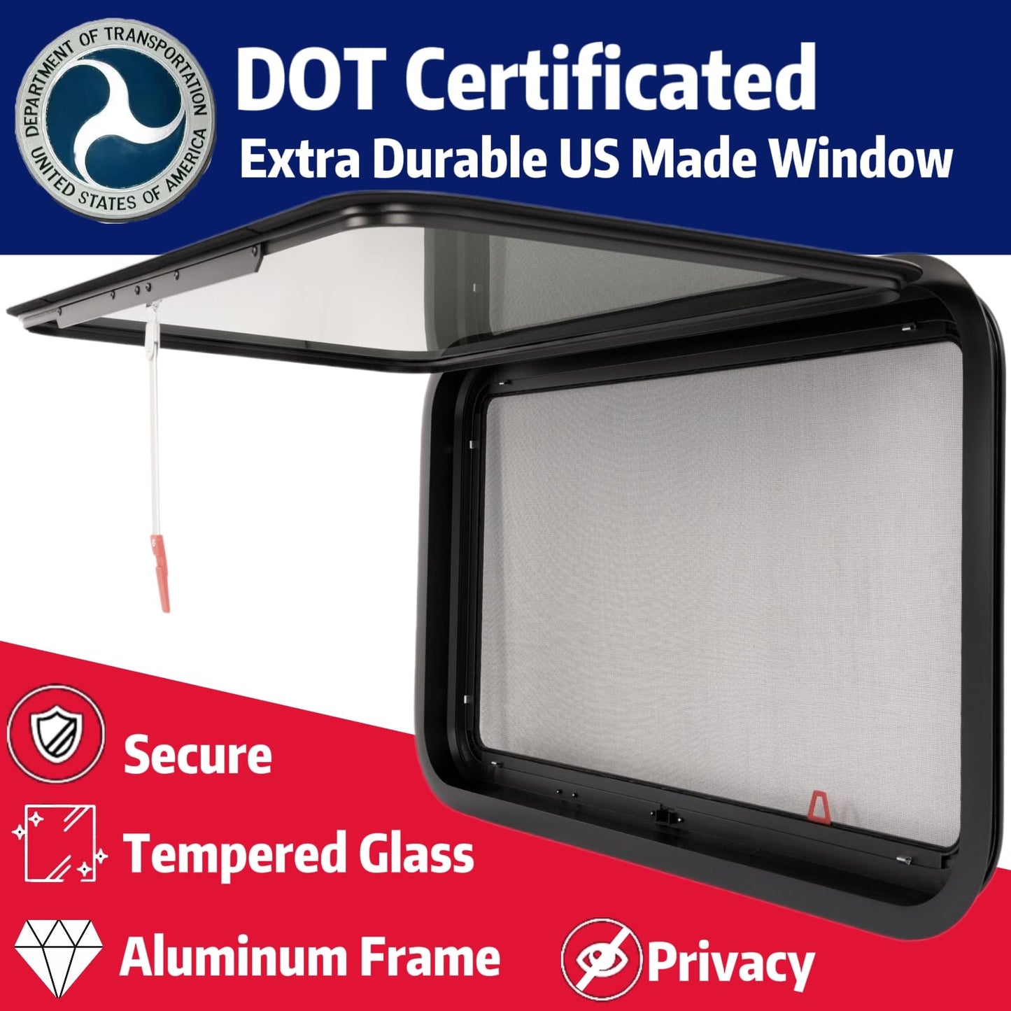 RV MURTS Aluminum RV Exit Window 15in x 22in, Polycarbonate, Black, Model RWEXIT1522, with Trim Kit and Screen for Trailers