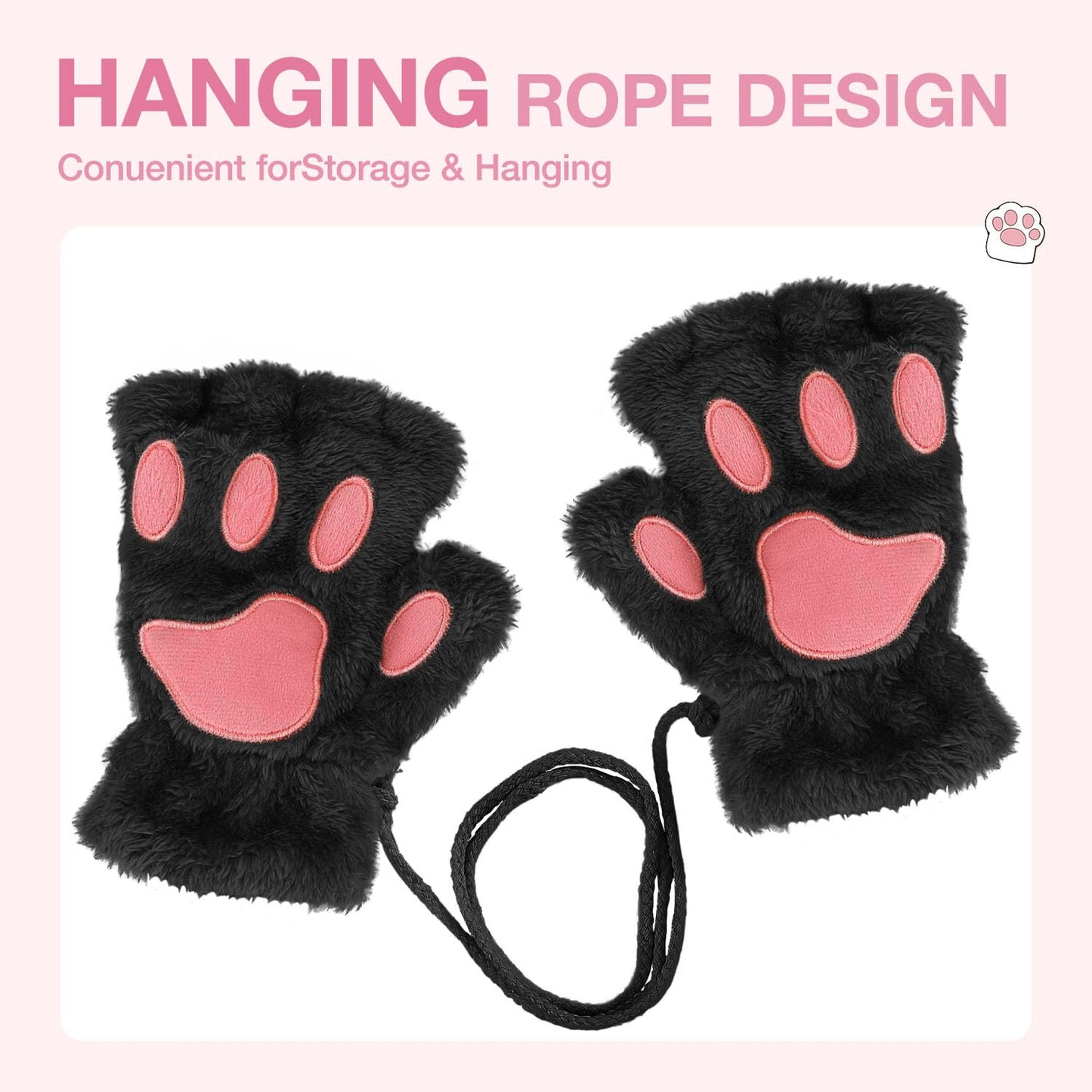 Tiny Chou Cat Paw Gloves for Cosplay Fancy Party Halloween Costume Accessories, Winter Soft Fingerless Warm Gloves for Women Girls, Black