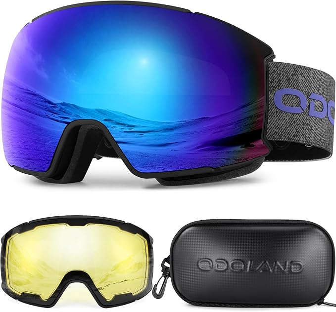 Odoland Magnetic Interchangeable Ski Goggles Set with 2 Lens, Anti-Fog UV Protection Snowboard Snow Goggles for Men Women