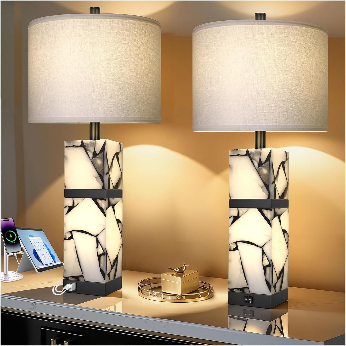 Scenekoy 27" Alabaster Table Lamps Set of 2 with Night Light for Living Room Bedroom, Nightstand Lamps with Linen Shade, Modern Bedroom Lamps with USB A+C Ports for Living Room Office (Bulb Included)