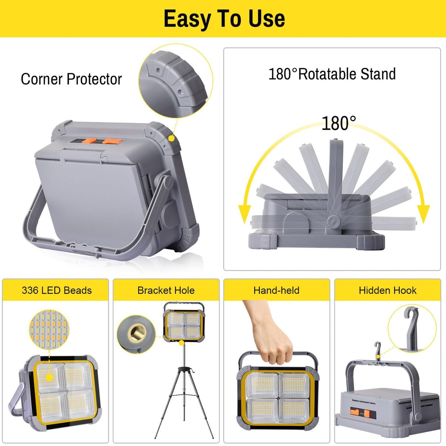 ERAY LED Work Light 150W with 4 Solar Panels, 12000mAH, 336 LED Beads, IP64, Stepless Dimming, Portable, Grey, Model SD-