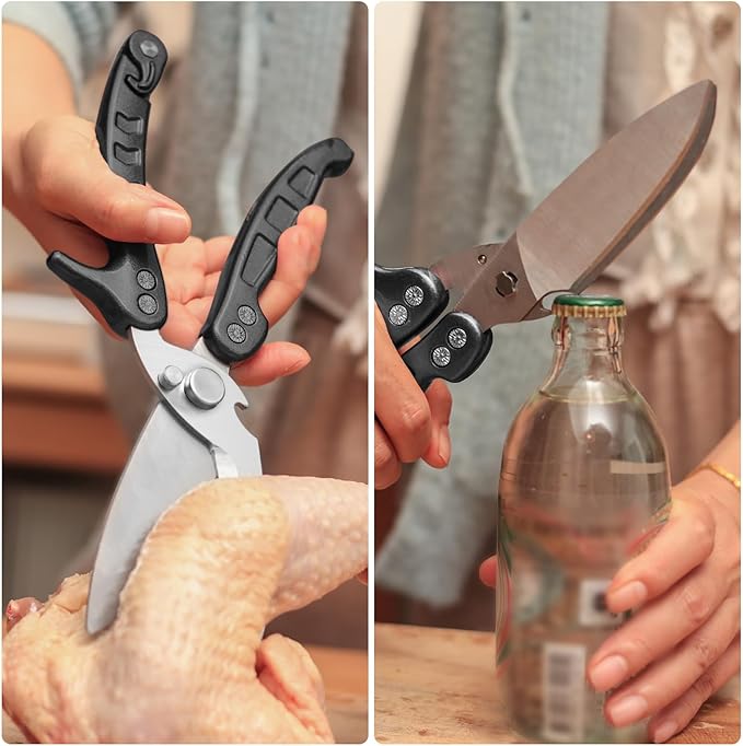 Heavy Duty Kitchen Shears, Detachable Poultry Shears with Serrated Edge, Spring-Loaded Stainless Steel Chef Scissors Cutting Bone, Chicken, Fish, Food, Meat, Black Full Steel Handle