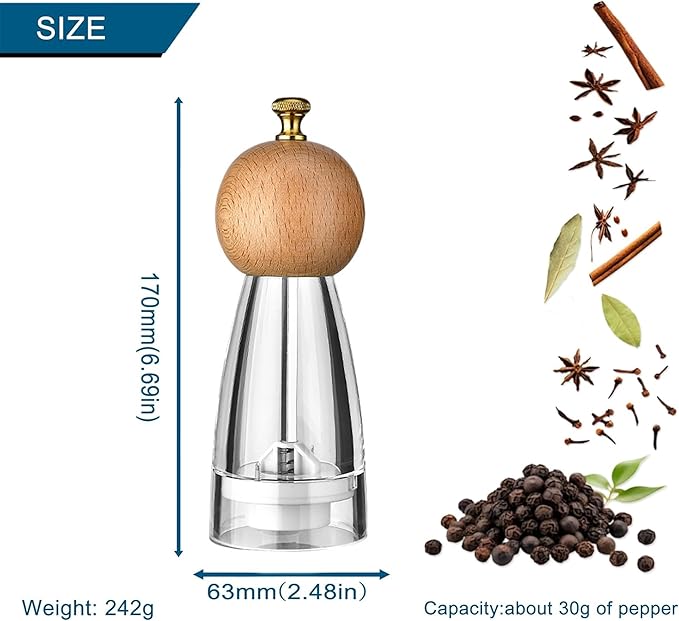 Pepper Grinder Set Salt and Pepper Grinder Set Manual Salt Grinder Pepper Mill Set with Adjustable Coarseness Acrylic Salt and Pepper Shakers, Ceramic Blade Grinding Spices Enjoy Most Delicious Steak