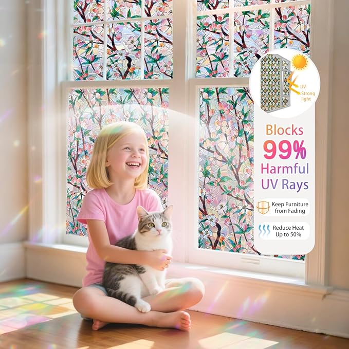 Peach Blossom Stained Glass Window Film Static Cling with Tools - 17.5 x 78.7 Inch Non-Adhesive Privacy Decorative Rainbow Film for Windows, Doors, Sidelights - Easy Install & Remove