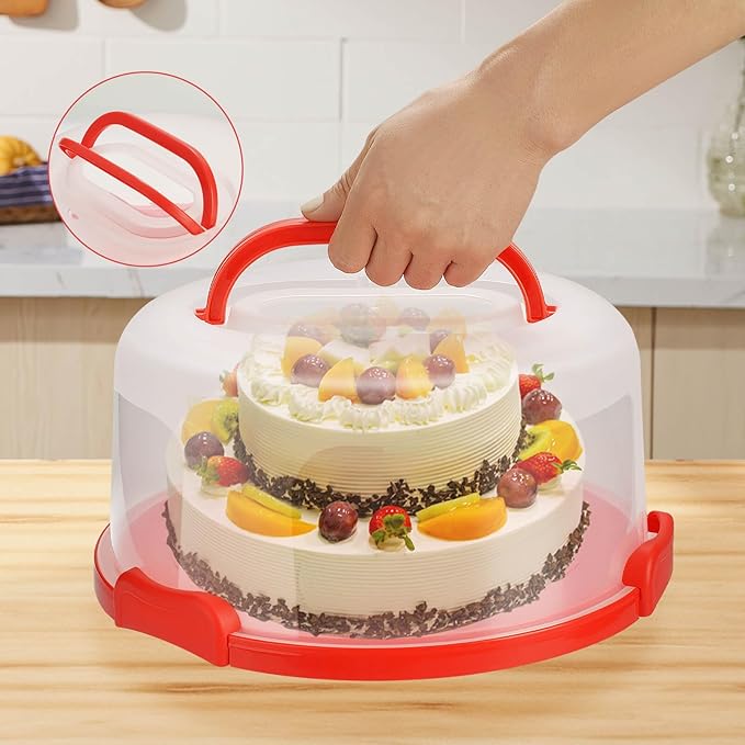 10Inch Cake Stand Carrier with Lid and Handle Storage Container Keeper Plastic Tall Transport Travel Cake Saver Holder with Cover Pie Bundt Round (Red)