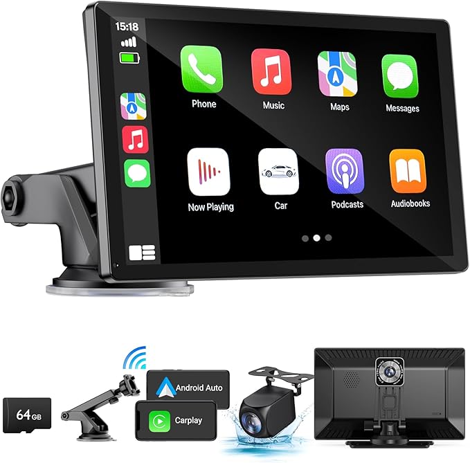HAUXIY Wireless Apple Carplay Screen for Car 4K Dash Cam, 9" Portable Apple Carplay & Android Auto Car Stereo, with 1080p ...