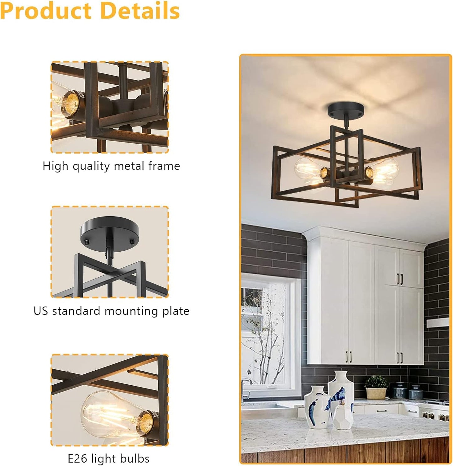 Fadimikoo 4-Light Semi Flush Mount Kitchen Ceiling Light Fixture, Black Metal, Modern Rectangle Frame, Ideal For Bedroom And Hallway