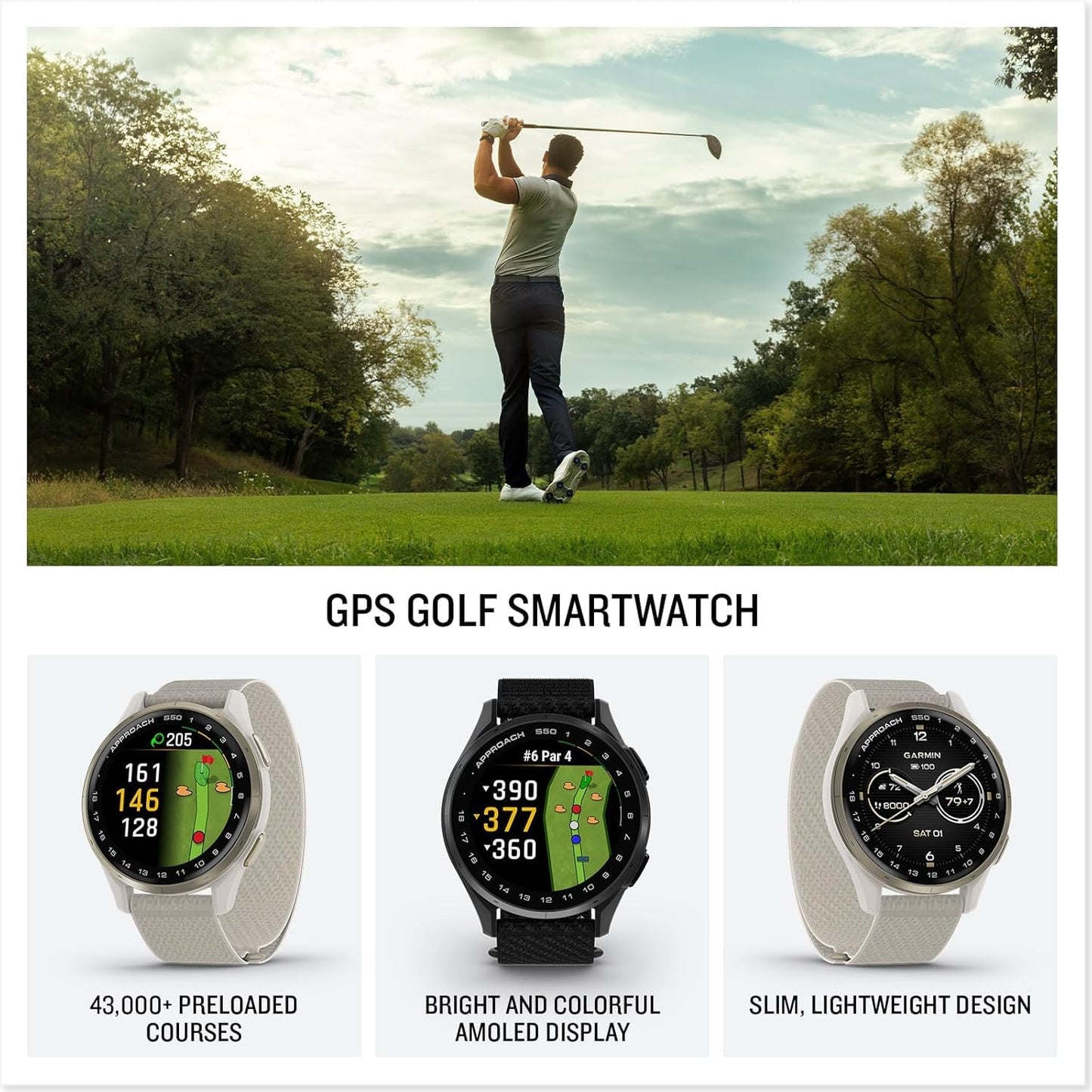 Garmin Approach S50 Advanced Golf Watch With Gps, Amoled Display, On-Course Features, Sports And Fitness Smartwatch, Slate Alumi
