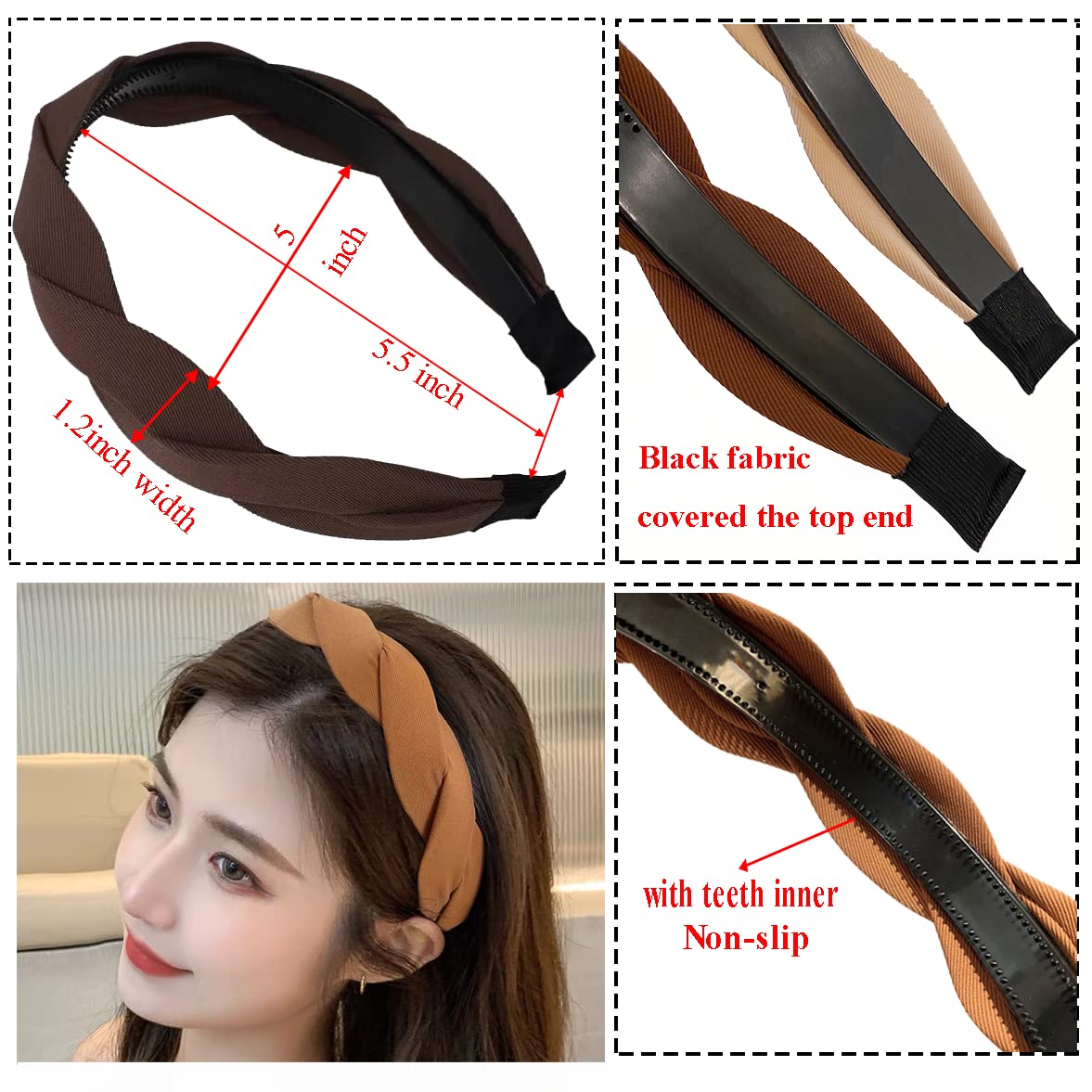 Springtime Set of 4 Fashion Solid Headbands for Women Girls 1.2inch Wide Braided Headband Fabric Hairbands with Tooth Non Slip H