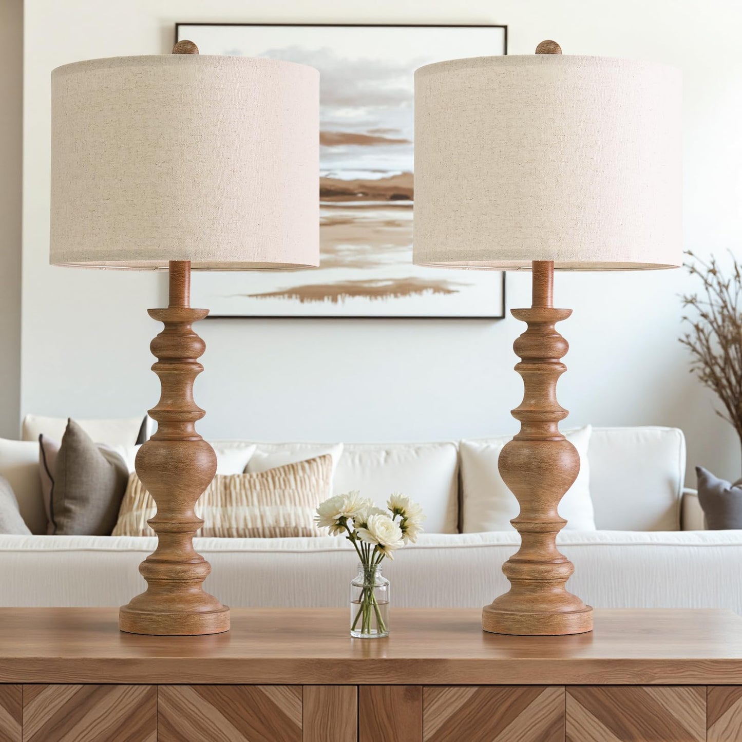 Bobomomo 27  Light Brown Table Lamps Set Of 2  Large Farmhouse Resin Lamps With Linen Shades  Rustic Vintage Lamps For Living Room  Bedroom  Console Table Or Entryway Home Lighting