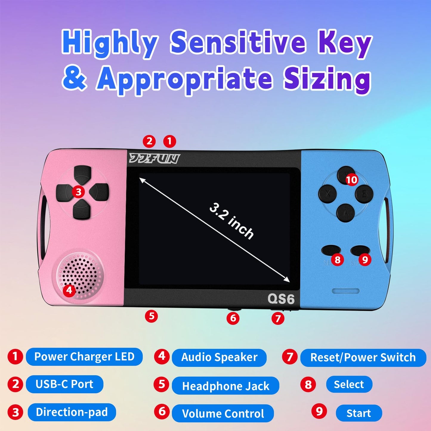16 Bit Handheld Games for Kids with 3.2" IPS Large Screen Built-in 216 Retro Video Games Portable Gaming Player with Rechargeable Battery Mini Arcade Electronic Toy Gifts for Boys Girls (Blue+Pink)
