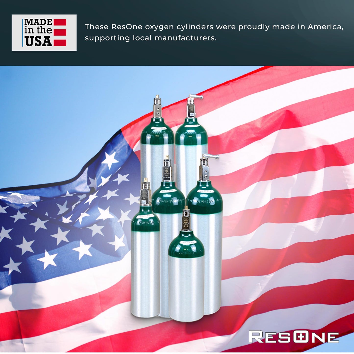 ResOne Portable Aluminum Medical Oxygen Cylinder, D Size, with CGA-870 Post Valve for Medical Use - Non-Sparking, Green Dome, Brushed Finish, 14.3 cf, Ships Empty, Prescription Required to Fill