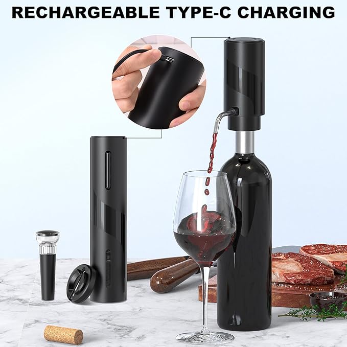 COKUNST Electric Wine Opener SetUSB Rechargeable Bottle Opener and Wine Decanter&Wine Aerator and PourerWine StopperFoil Cutter 4-in-1 Gift Set for Wine Lovers Home Kitchen Party Wedding Bar SGS-KD-7