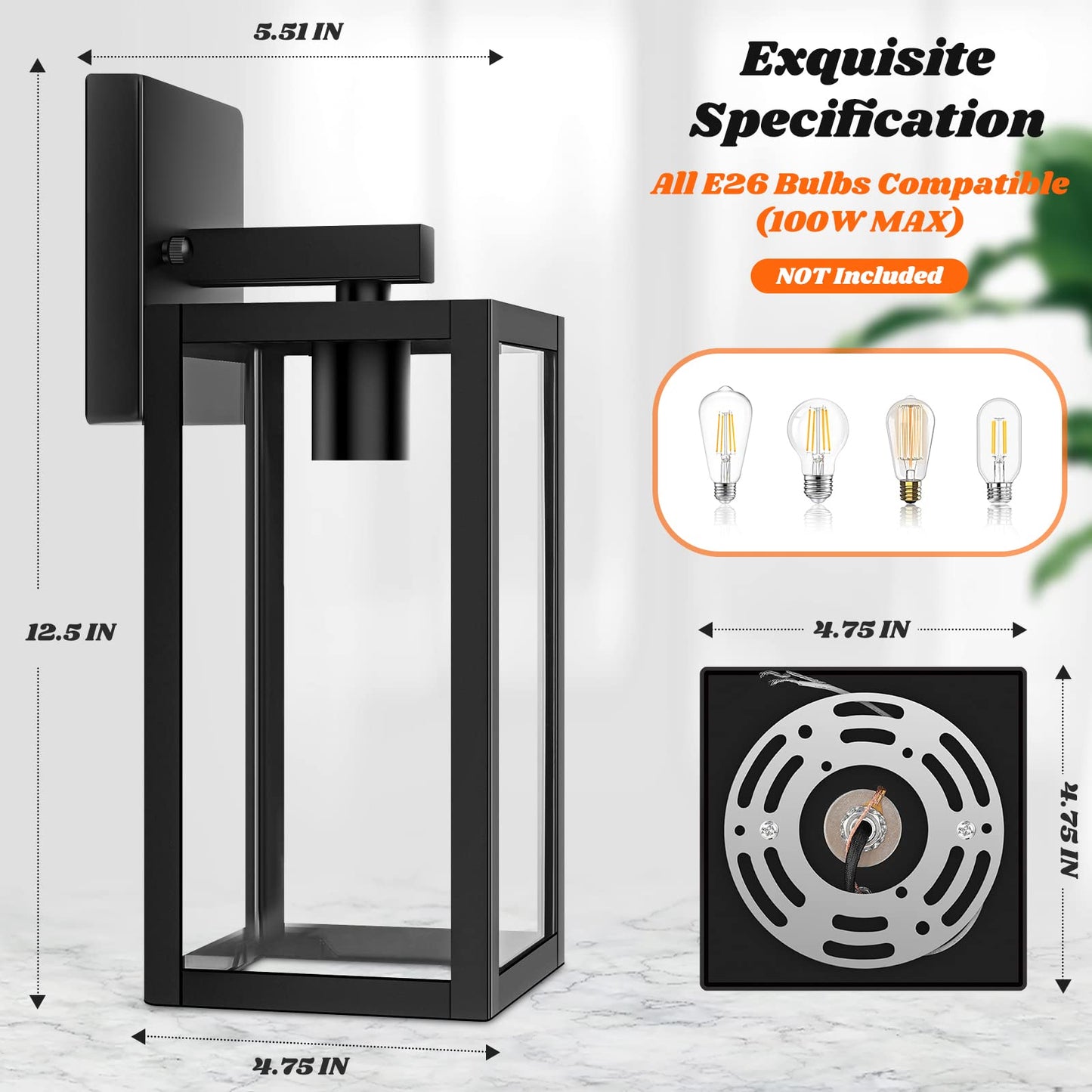Brightever 2-Pack Outdoor Wall Lanterns, Waterproof Black Metal Sconces, Clear Glass, Model B04018P