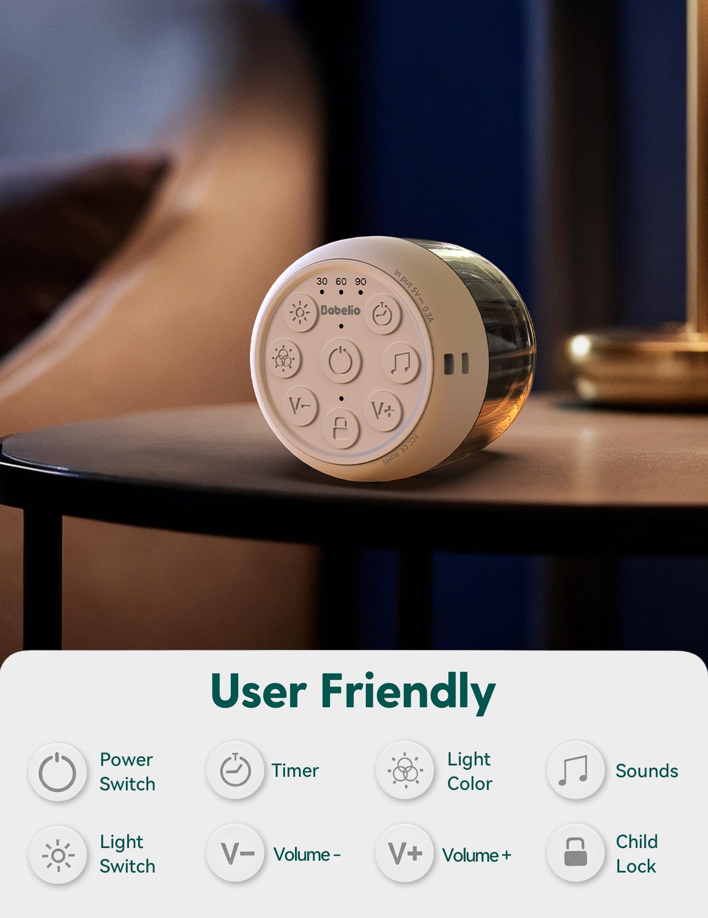 Babelio Pocket Glow White Noise Sound Machine - Upgraded 7 Color Night Lights, 20 Non-Looping Sounds, Timer & Memory Function, Portable for Adults & Babies, White