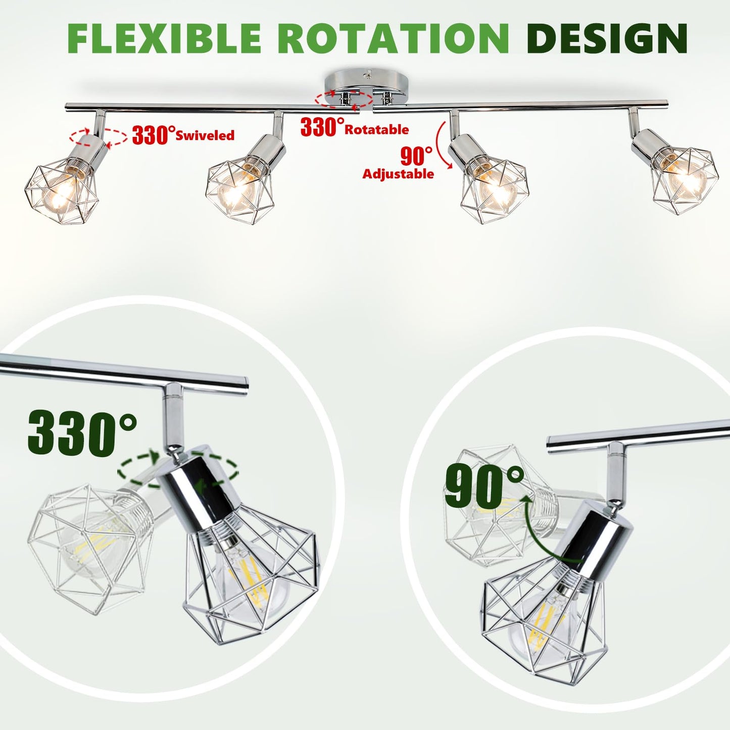 DINGLILIGHTING 4 Lights Track Lighting Kit, Modern Metal Flush Mount Lamp, Adjustable Head, E12 Bulb Included, Model WS-FNG41-40B, 4-Light-M