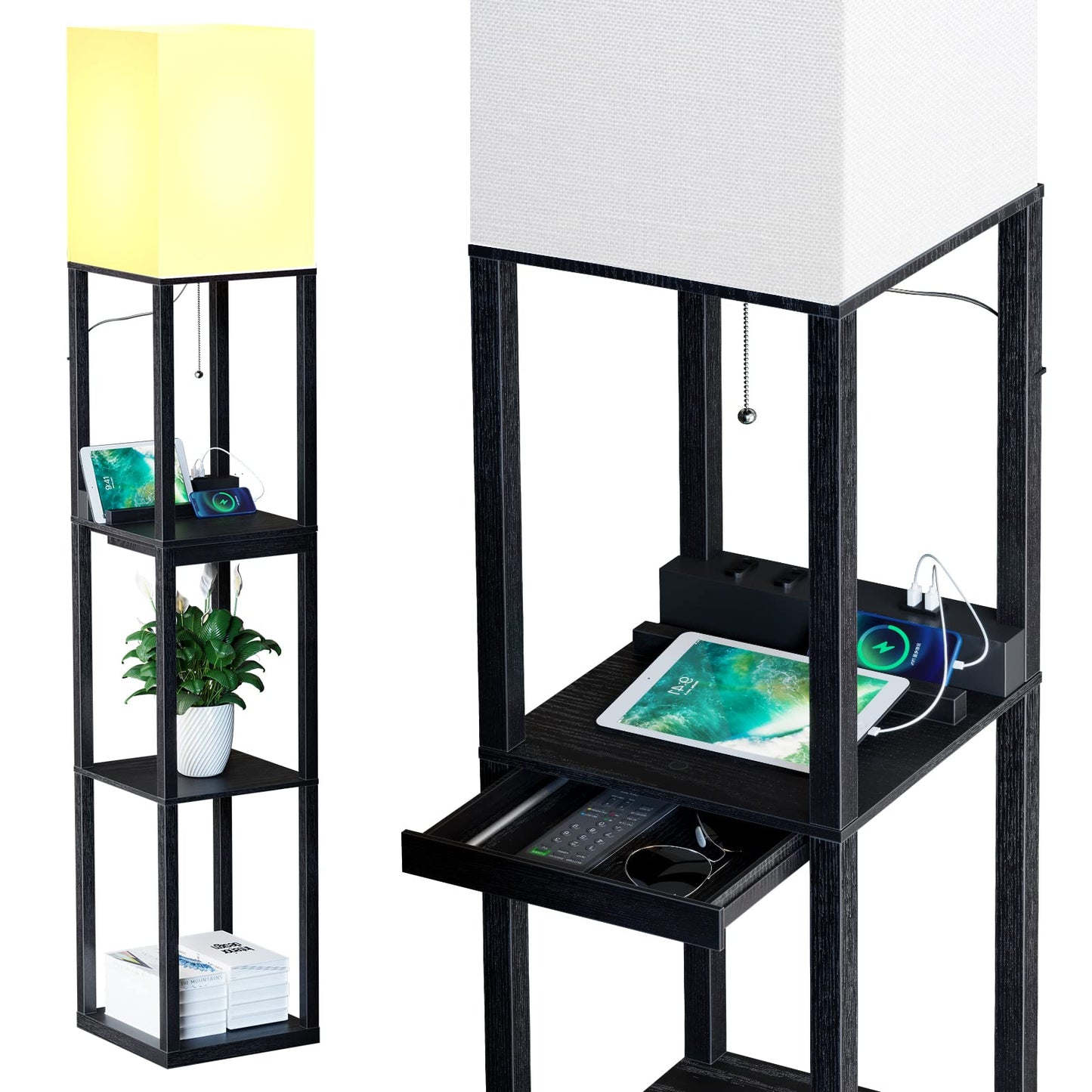 SUNMORY Floor Lamp with Shelves, Dimmable, Wood, Black, 1 Drawer, 2 USB Ports, 2 Power Outlets, Tall Bookshelf Lamp for Living Room/Bedroom