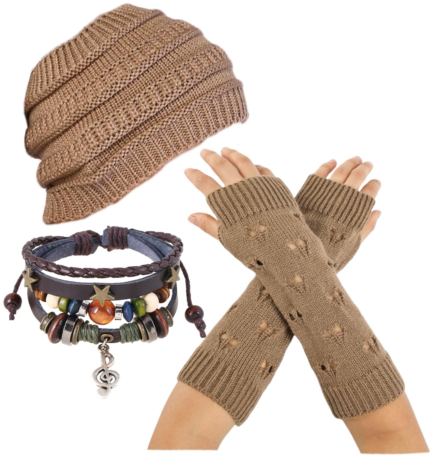 Lupidyyxun Therian Stuff Gear Grunge Clothes, Therian Fingerless Gloves,Knitted Headband Hat,Y2K Fairy Grunge Bracelet (Brown)