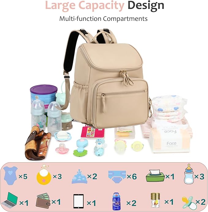 Large Capacity Diaper Bag Backpack with Stroller Buckle, Water-Resistant Travel Baby Bag with Insulated Pockets (Classic, Beige)