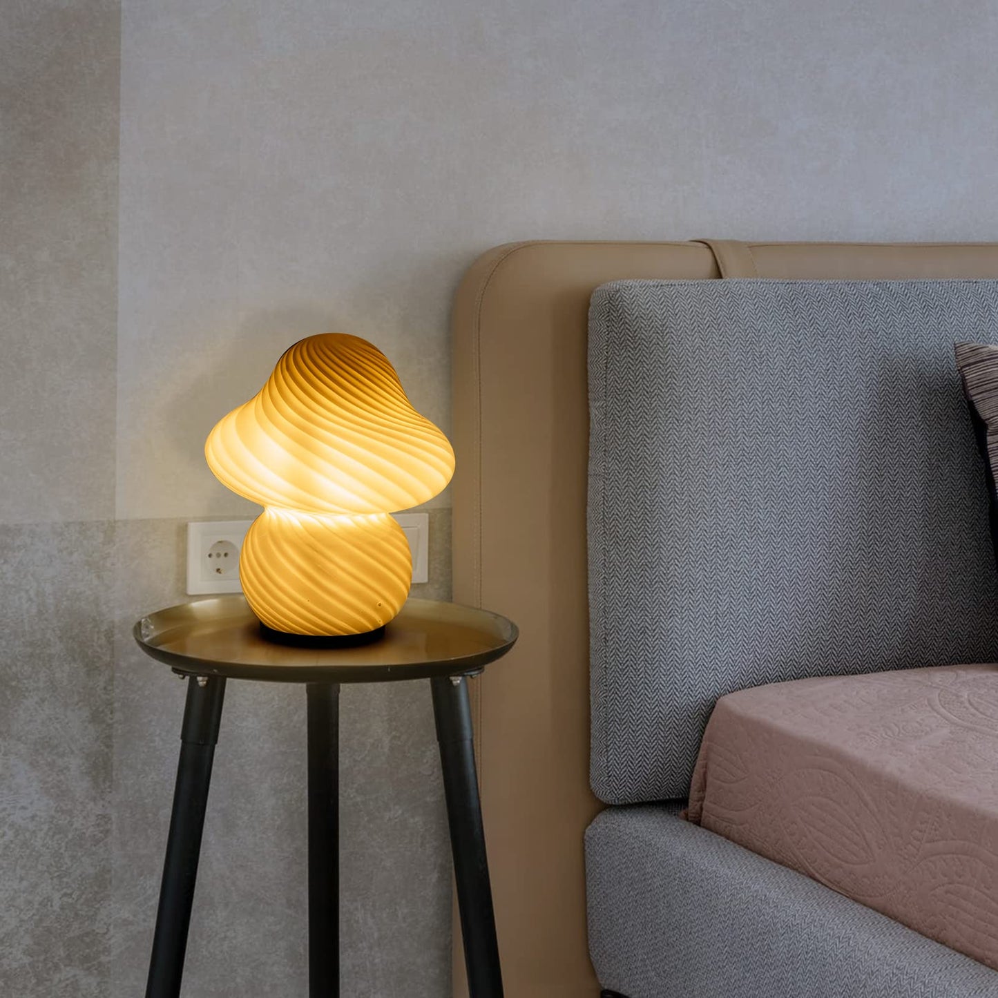Coosa Mushroom Lamp - Glass Bedside Table Lamp, Ceramic, White Stripe, Cute Nightstand Desk Lamp for Home Decor and Study