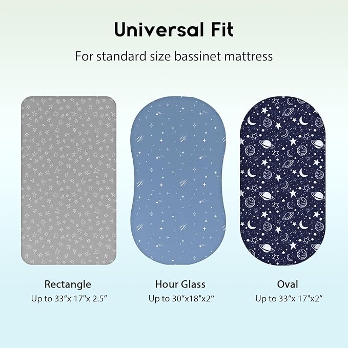 Baby Bassinet Sheets Girl Boy, Fitted Bassinet Sheet Set 3 Pack Bassinet Mattress Sheets Universal Fit for Rectangle, Round, Oval, Hourglass Mattress, Soft Breathable Blue Gray Planet