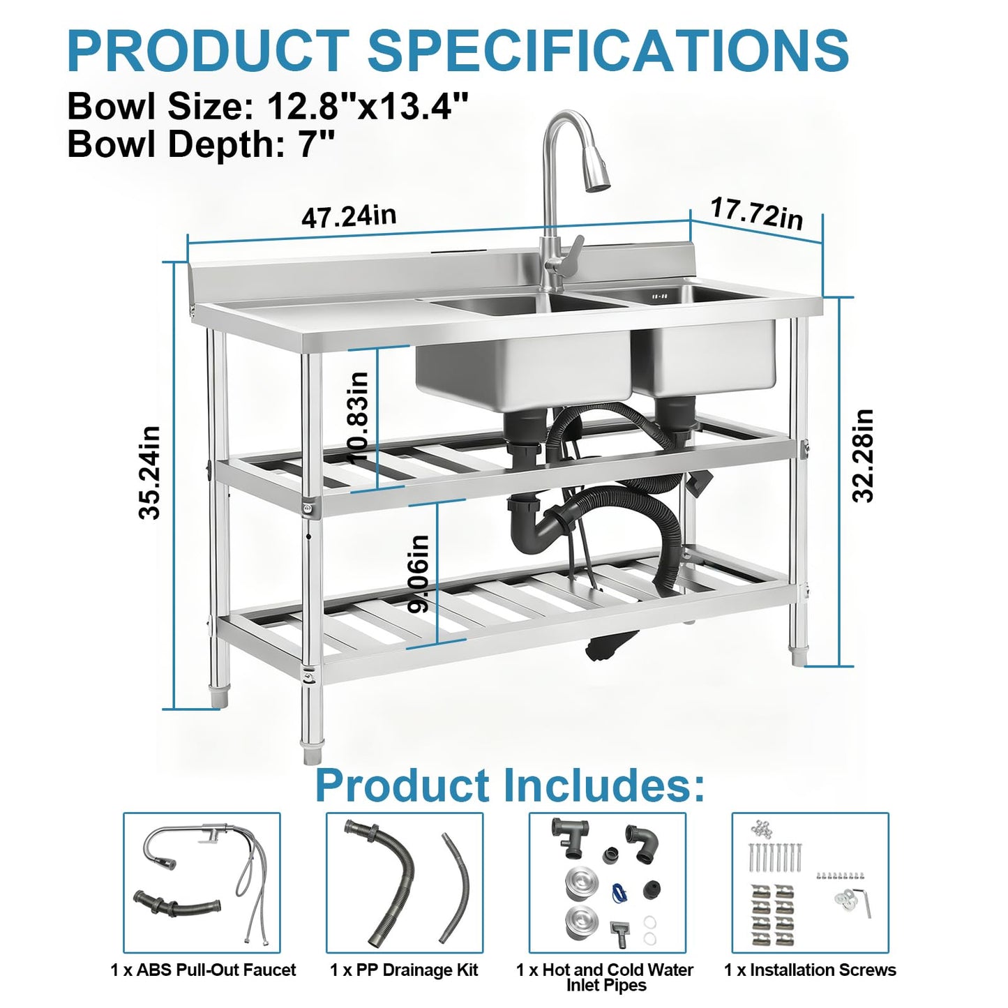 DuyviSteil 304 Stainless Steel Sink 2 Compartment Free Standing Utility Sink, Commercial Restaurant Kitchen Sink, Outdoor Sink Set w/Pull-out Faucet & Workbench with Water Pipe (47in)