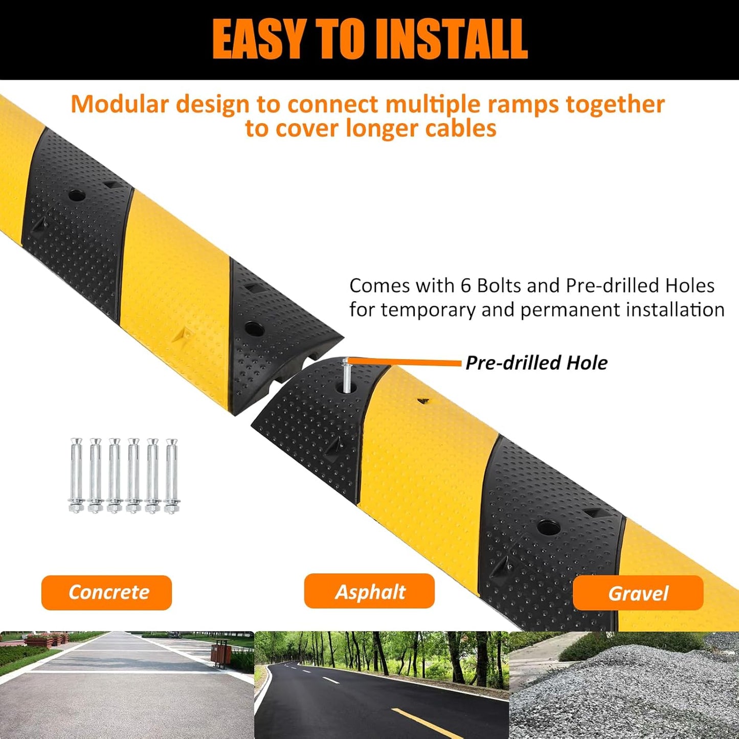 Speed Bumps for Driveway, 2 Pack 3.3Ft Rubber Speed Bumps, 2 Channel Modular Speed Hump 22000LBS Load Capacity, Cable Hose Protector Ramps with 6 Bolt Spikes for Asphalt Concrete Gravel Driveway
