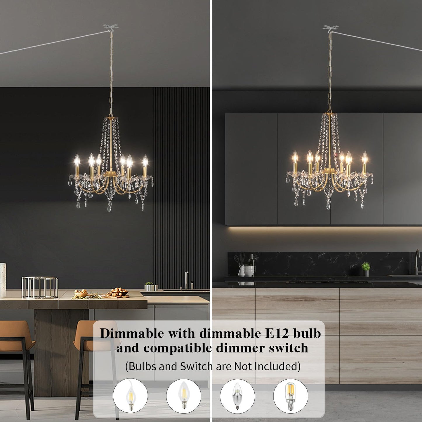 Meijia Plug In Crystal Gold Chandeliers Lighting Fixture 6 Light Modern Crystal Chandelier With 15.75Feets Plug In Cord Gold Mini Plug In Chandelier For Dining Room Bedroom Entryway Bathroom Closet