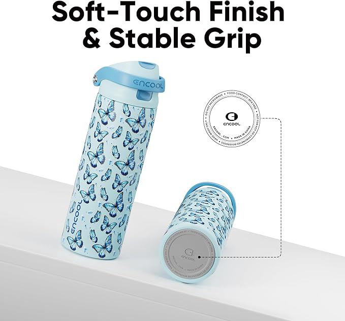 ENCOOL Leakproof Insulated Water Bottle with Straw Dual-Sip Water Bottle Bag-Safe Design for Work, Commute & Gym – Keeps Drinks Cold All Day, 24 oz, Glacier Butterfly