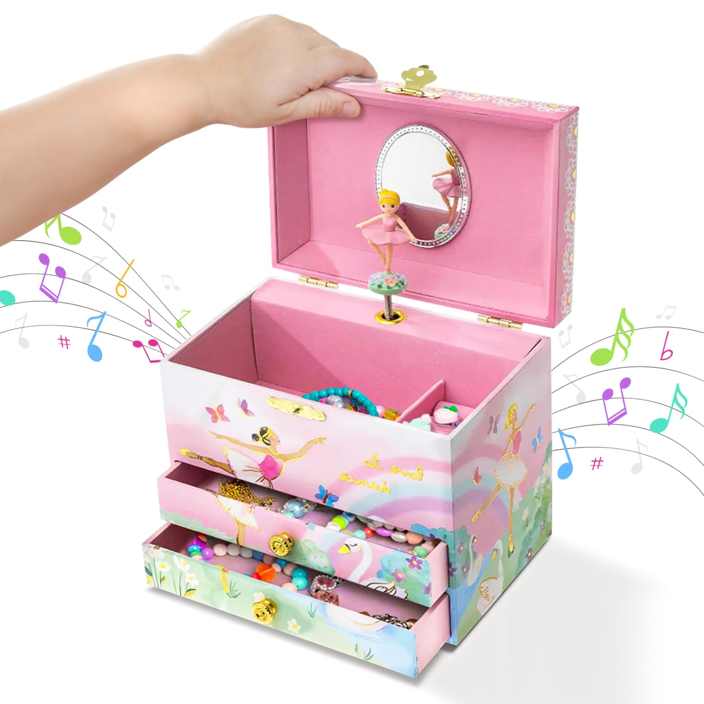 Jewelkeeper Jewelry Box for Girls - Spinning Ballerina Doll to Swan Lake Tune Music Box - Pink Jewelry Box for Girls with 2 Draw
