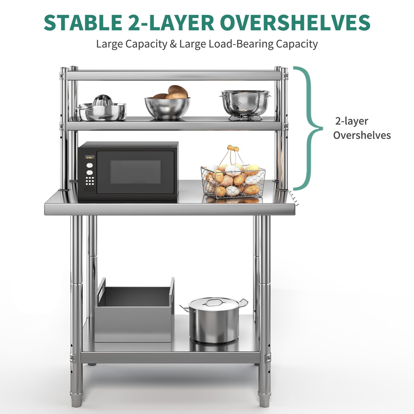 YITAHOME NSF Stainless Steel Table with Overshelves, 30" X 24" Work Table with 30" X 12" Shelf, Metal Table Prep Table for Home Kitchen Restaurant Garage Warehouse