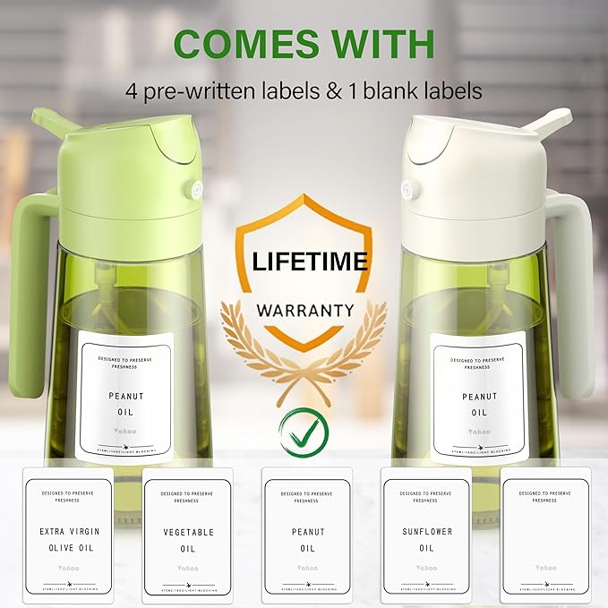 Vakoo 2 in 1 Oil Sprayer and Oil Dispenser for Kitchen - 16oz/470ml Light-Blocking Dark Glass Olive Oil Spray Bottle for Cooking, Air Fryer, Salad & BBQ (Green&White)