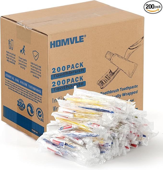 Homvle 200 Packs Disposable Toothbrushes with Toothpaste, Individually Wrapped Travel Toothbrush and Toothpaste Buld for Travel Size Toiletries, OCC, Airbnb, Dentist, Office/4 Colorful