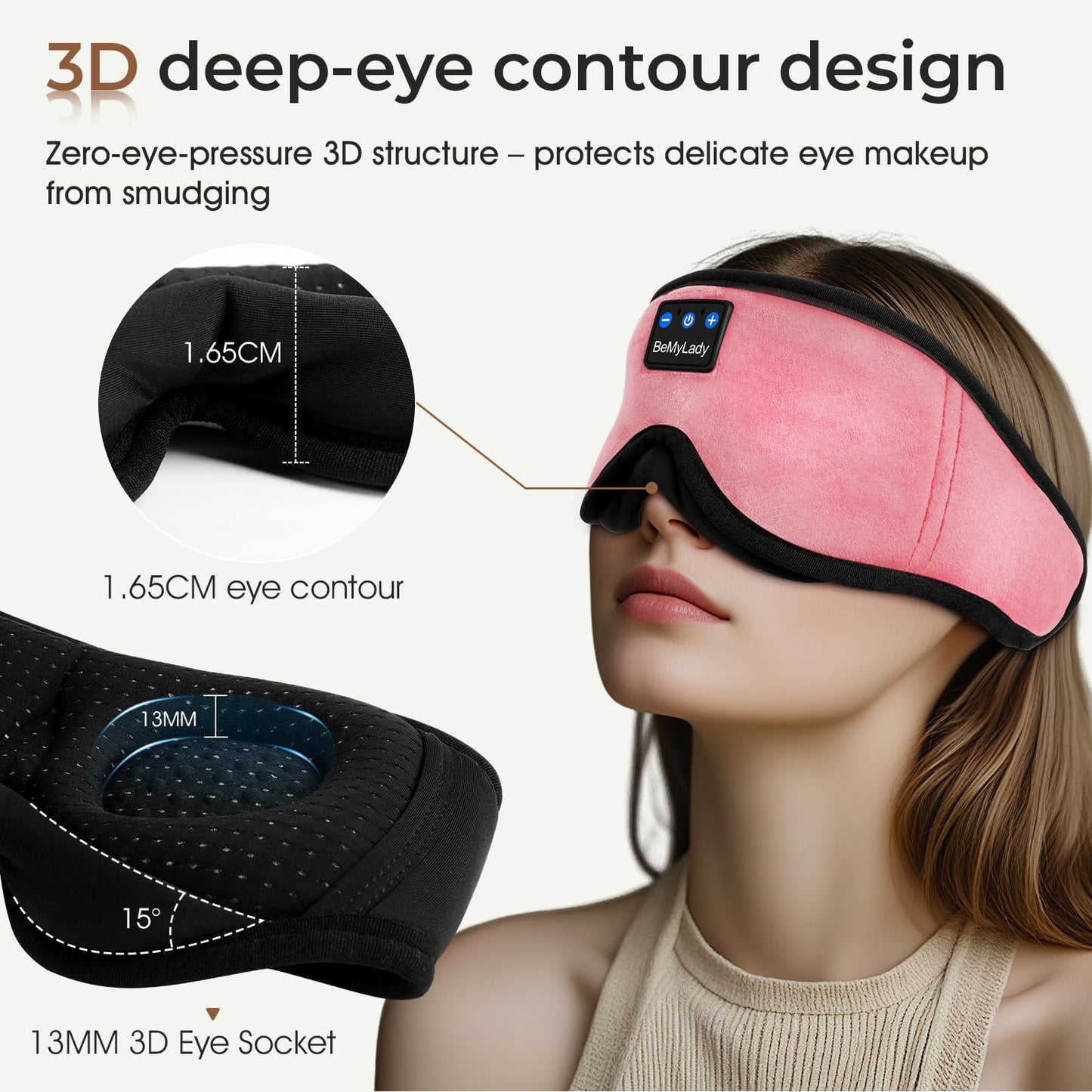 BeMyLady Sleep mask Headphones,100% Blackout 3D Zero Eye Pressure Bluetooth Sleep mask Breathable Eye mask with Bluetooth Headphones Sleep Headphones for Side Sleepers, 14H Playtime&Bluetooth 5.4 Pink
